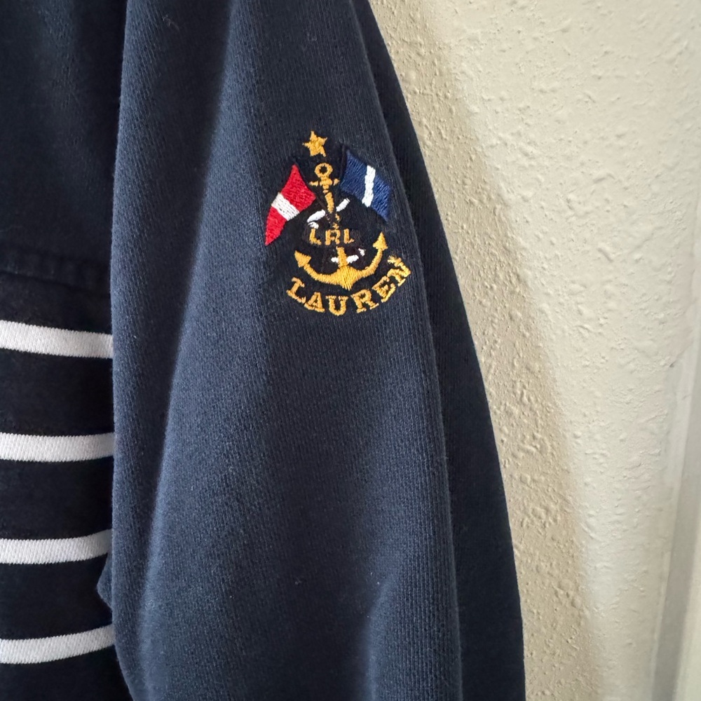 LRL Ralph Lauren Sz Medium Navy White Anchor Nautical Striped Long Sleeve Shirt